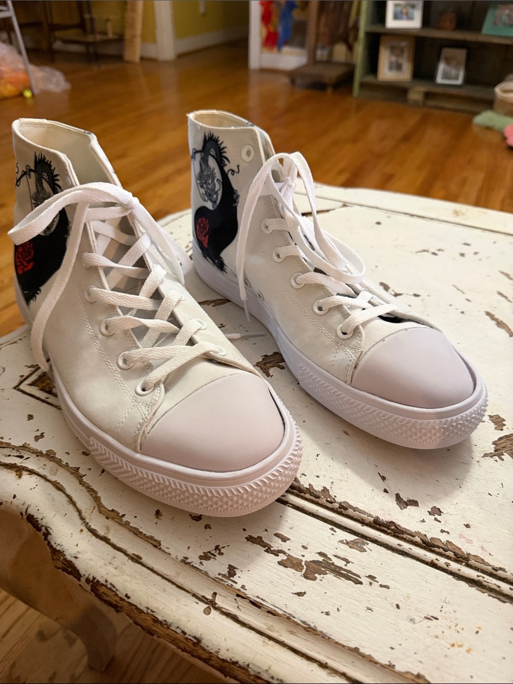 White High-Top Canvas Sneakers with Black Dragon and Rose Graphic